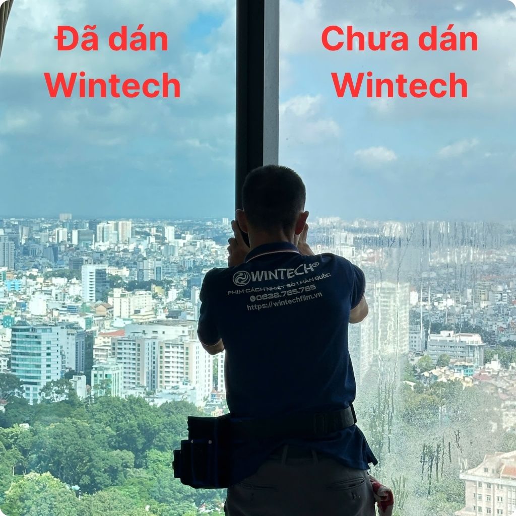 Hình ảnh thực tế bên đã dán phim và bên chưa dán phim cách nhiệt chung cư Wintech